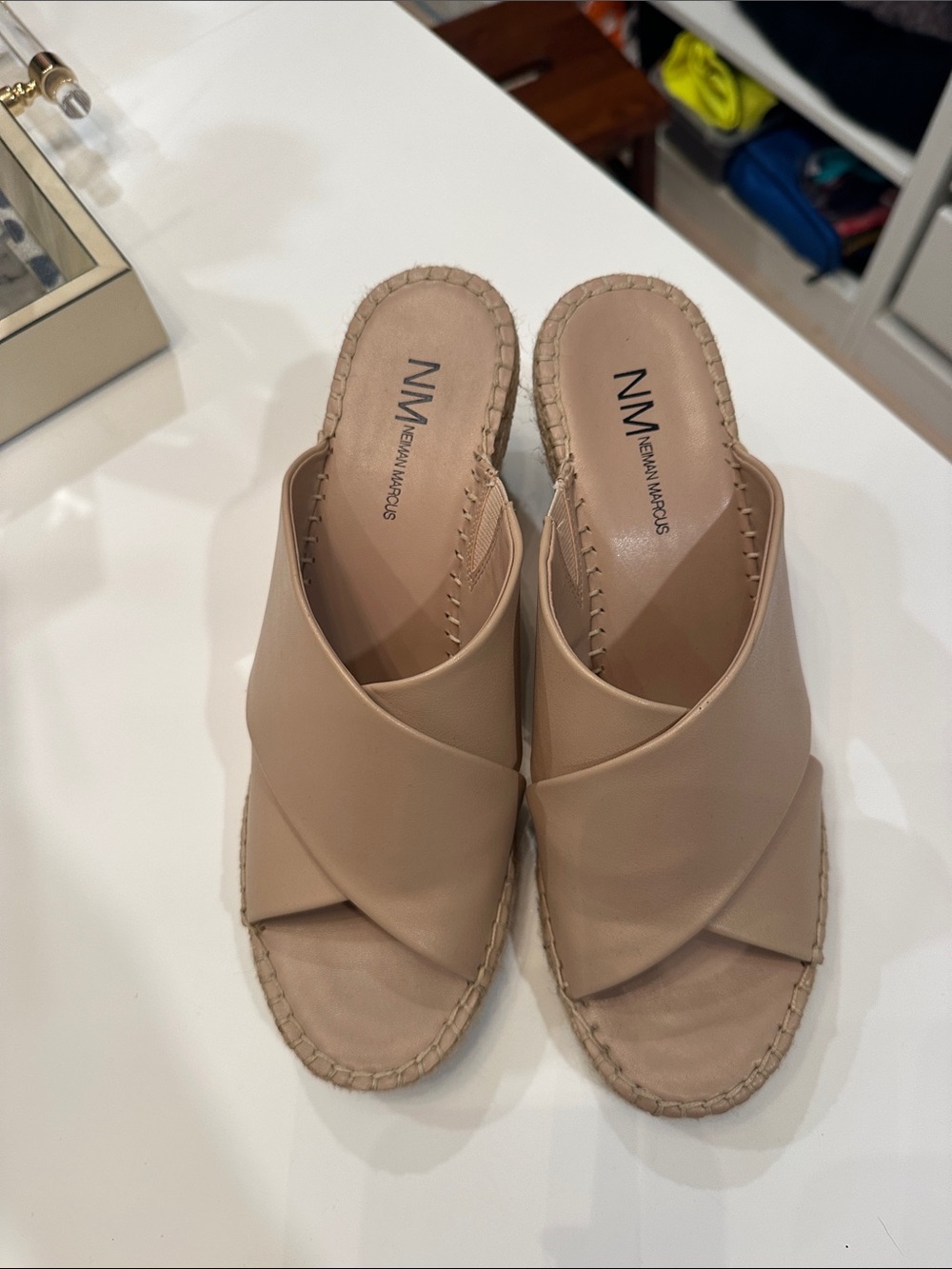 Neiman Marcus Taupe Leather Crossover Mule Slides